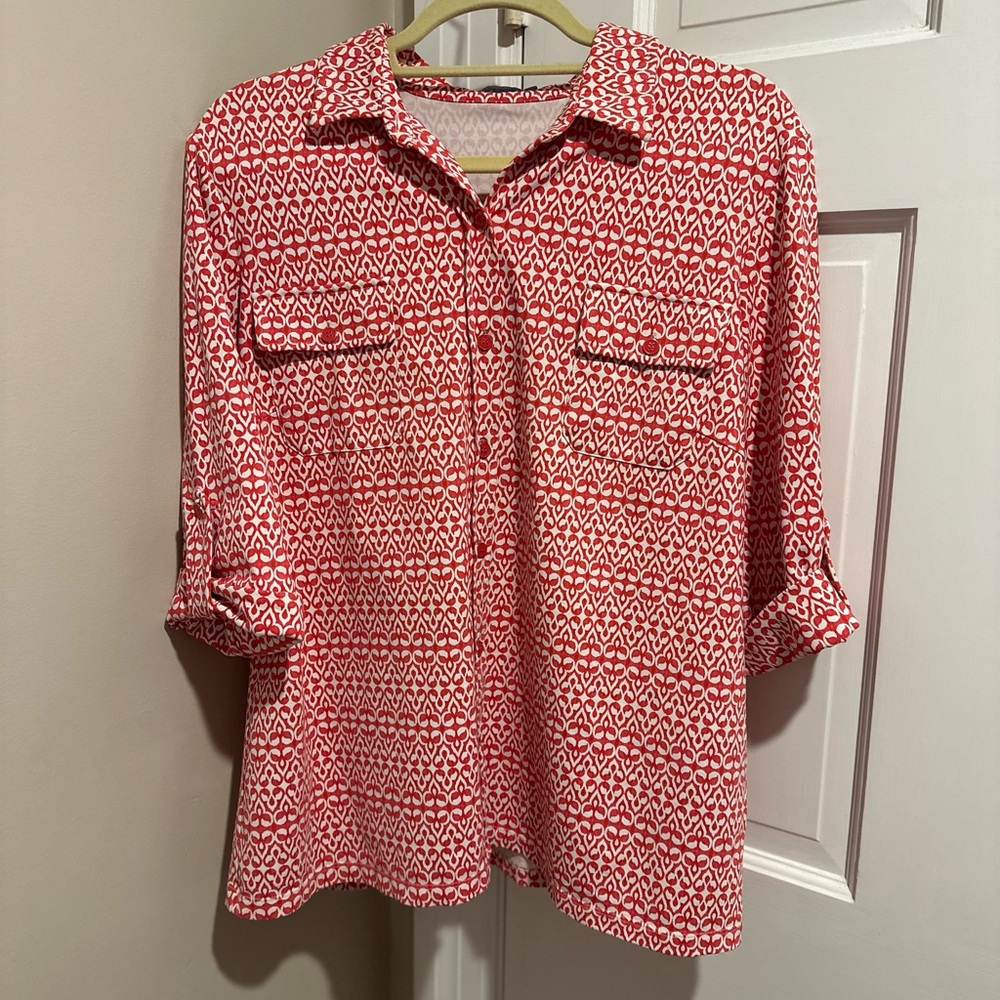 Red Patterned Button-Down Women's Shirt